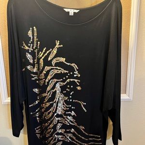 CAbi ~ Black 3/4 sleeve top with copper and bronze sequins - XL